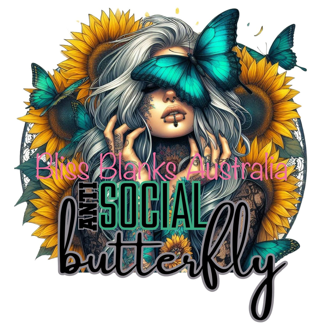 Teal Anti Social Butterfly  - DTF Transfer