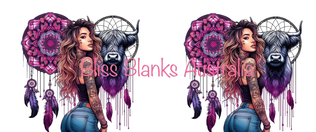 16oz UV DTF - Standing lady, Pink Dream catcher & cow (2 Decals)