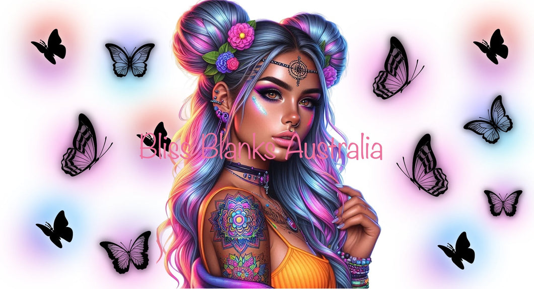 16oz UV DTF -  Tattooed Aboriginal girl with Butterflies