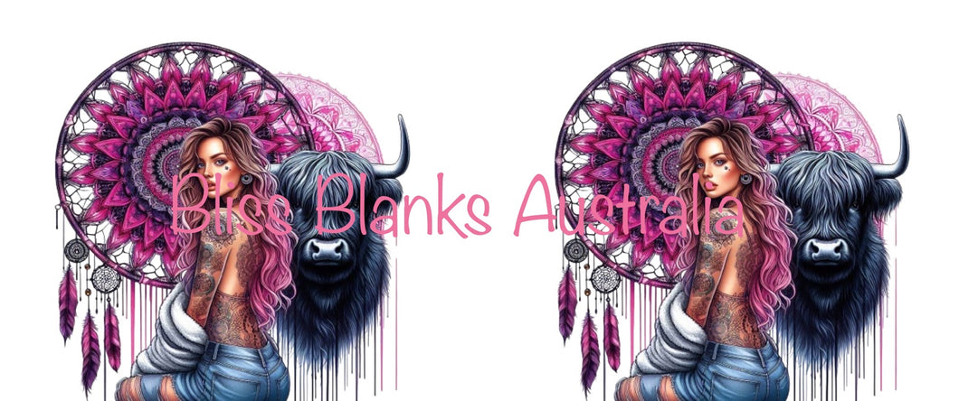 16oz UV DTF - Pink Dream catcher, sitting tattooed lady  & cow (2 Decals)