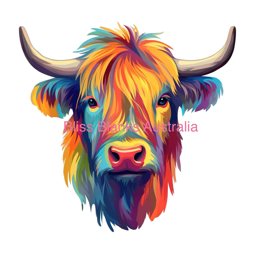 UV DTF Decal - Bright Colourful Highland Cow