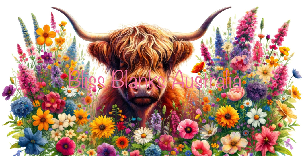 16oz UV DTF - Long horn Highland cow in flowers