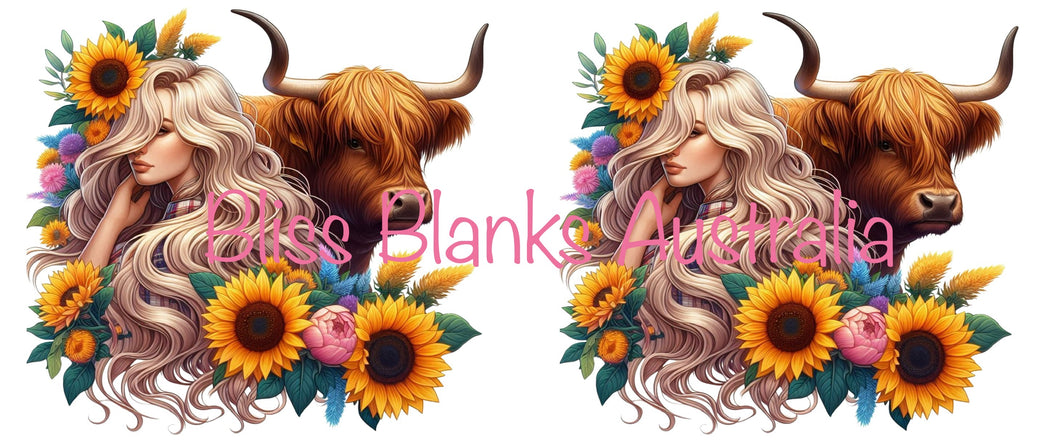 16oz UV DTF - Blonde lady, Sunflowers & Highland cow (2 Decals)