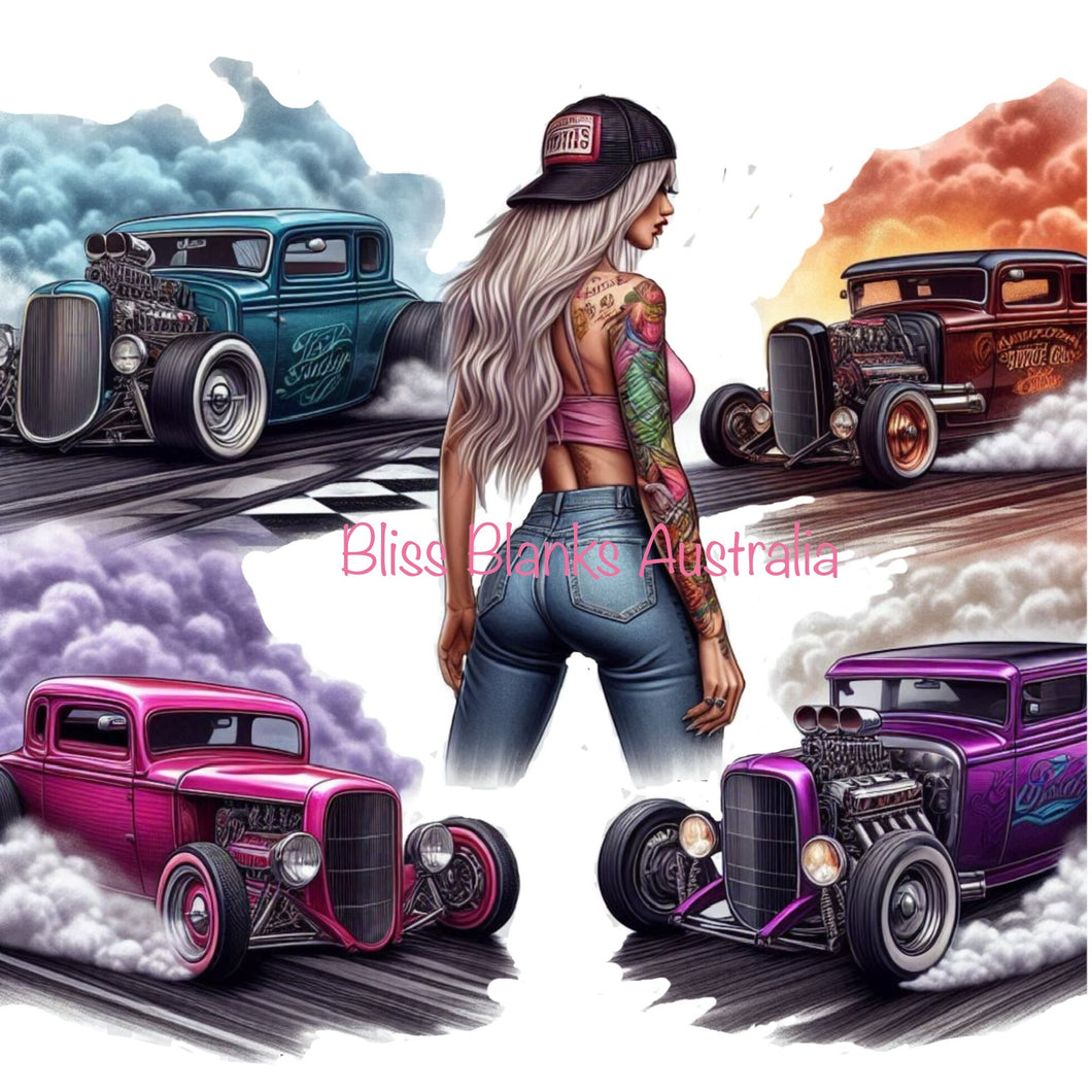 UV DTF Decal - Blonde lady, coloured cars and smoke