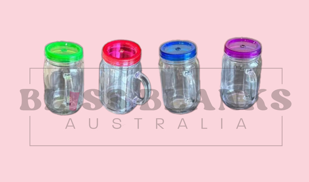 Plastic Mason Jars- COLOURED LIDS