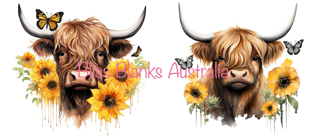 16oz UV DTF - 2 Highland cows, butterflies and flowers decals