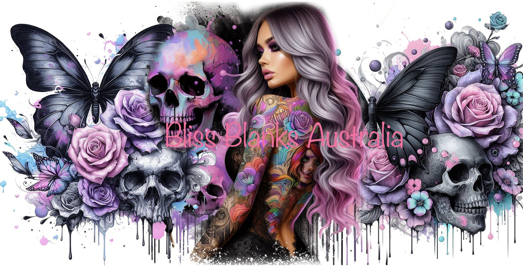 16oz UV DTF -  Tattooed lady with Skulls & Butterflies