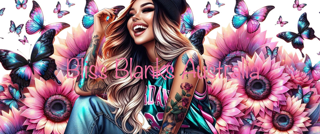 16oz UV DTF - Pink Sunflowers & Butterfly Tattoo girl (Exclusive design)
