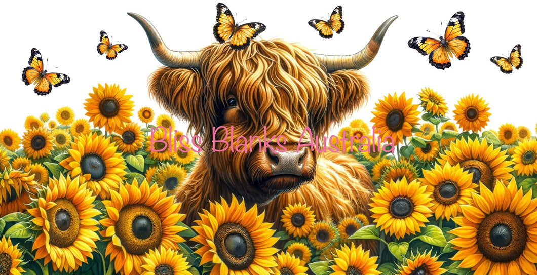 16oz UV DTF - Sunflowers and a Highland cow and Butterflies