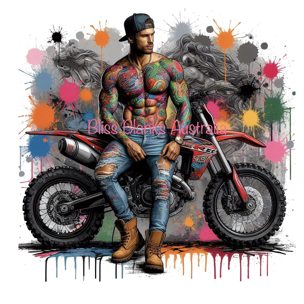 Tattooed Man with his dirt bike  - DTF Transfer