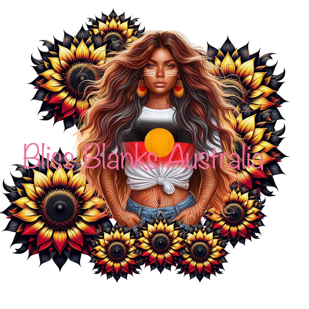 Aboriginal girl surrounded by Sunflowers - DTF Transfer