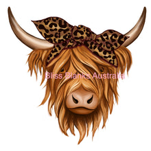 Load image into Gallery viewer, UV DTF Decal - Highland cow with leopard print bow
